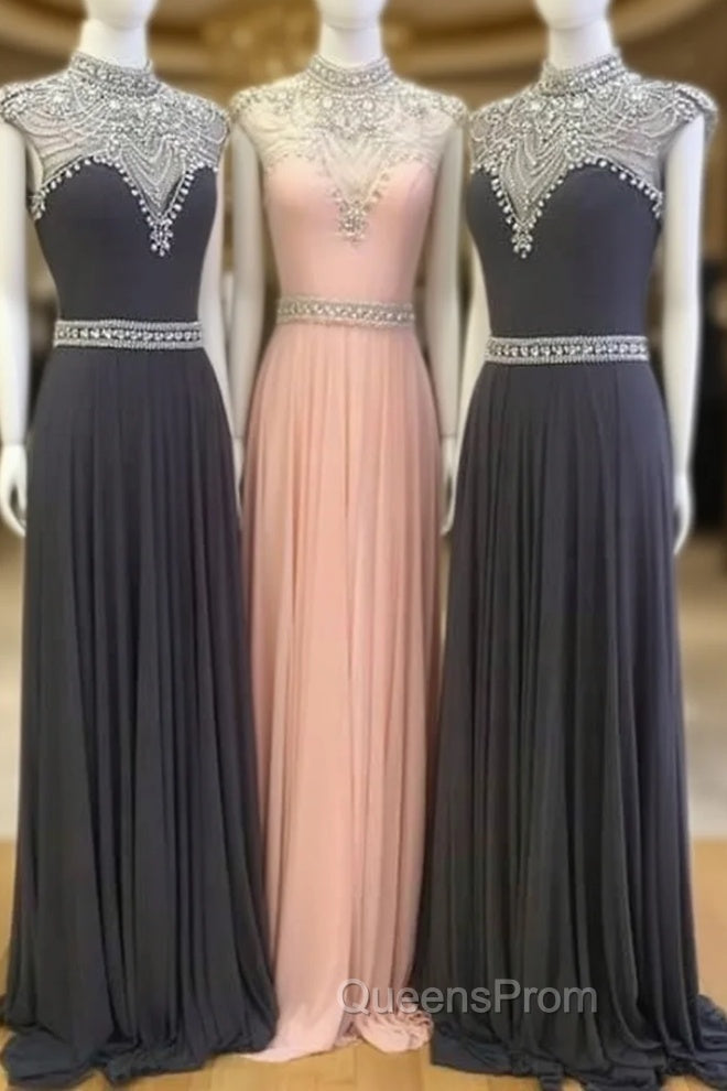 High Neck Sequin Bead Chiffon Long Evening Prom Dress, Evening Dress Main image