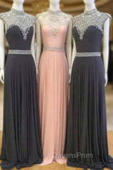 High Neck Sequin Bead Chiffon Long Evening Prom Dress, Evening Dress