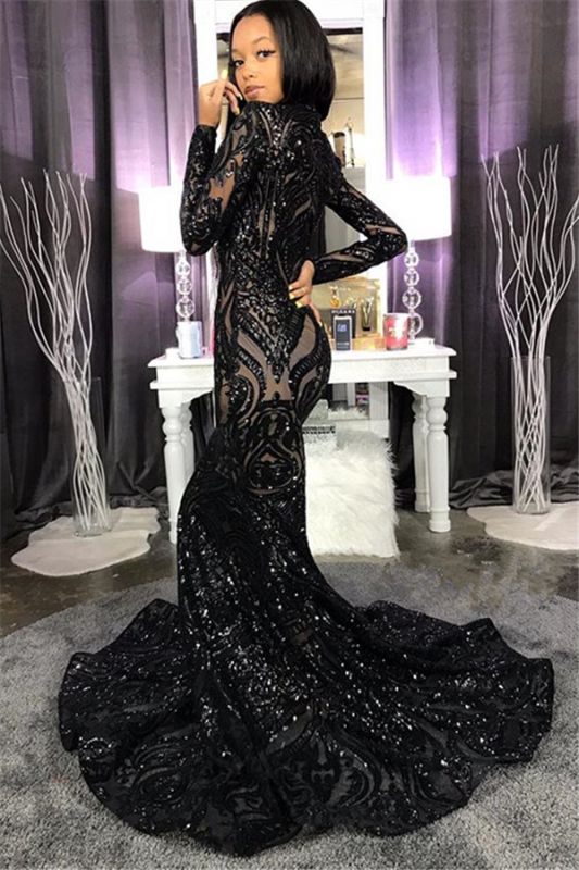 High Neck Shiny Appliques Black Girl Classy Prom Dress | Mermaid Long Sleeve Classy Evening Gowns