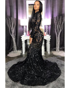 High Neck Shiny Appliques Black Girl Classy Prom Dress | Mermaid Long Sleeve Classy Evening Gowns