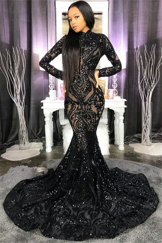 High Neck Shiny Appliques Black Girl Classy Prom Dress | Mermaid Long Sleeve Classy Evening Gowns Main image