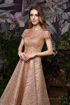 High neck Short Sleeve Champagne Sequined High Low Prom Dresses