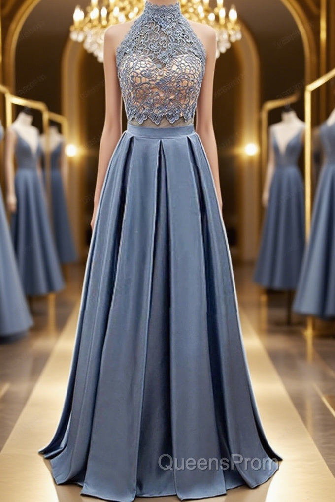 High Neck Two Pieces Blue Lace Long Evening Prom Dress, 2 Pieces Blue Lace Formal Dress, Blue Evening Dress Main image