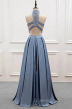 High Neck Two Pieces Blue Lace Long Evening Prom Dress, 2 Pieces Blue Lace Formal Dress, Blue Evening Dress