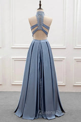 High Neck Two Pieces Blue Lace Long Evening Prom Dress, 2 Pieces Blue Lace Formal Dress, Blue Evening Dress