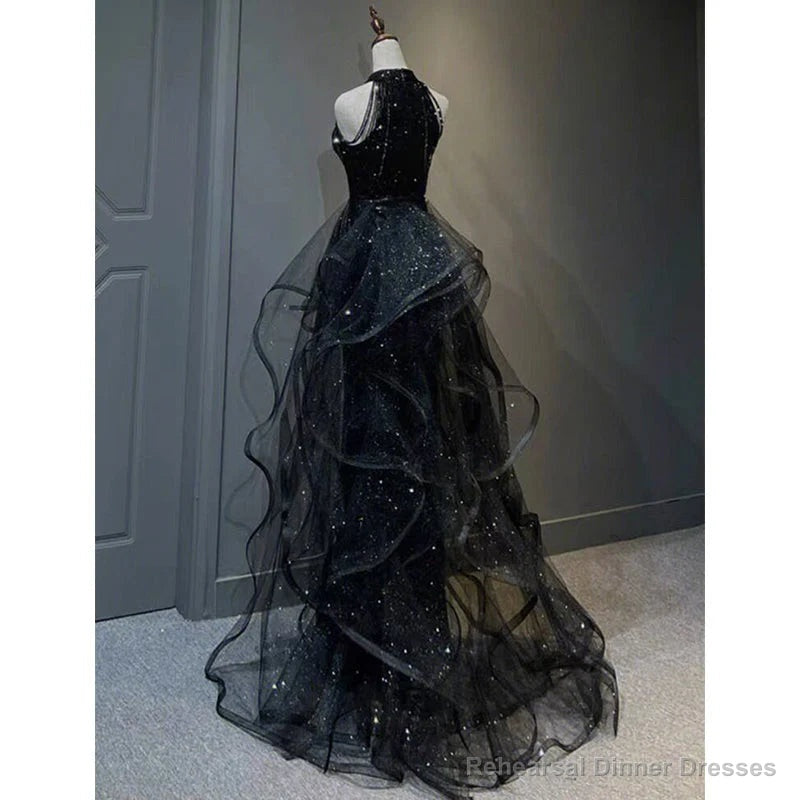 High Neckline Black Halter Shiny Tulle And Sequins Party Dress Black Tulle Prom Dress prom dresses shops
