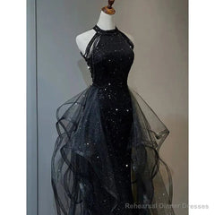High Neckline Black Halter Shiny Tulle And Sequins Party Dress Black Tulle Prom Dress prom dresses shops