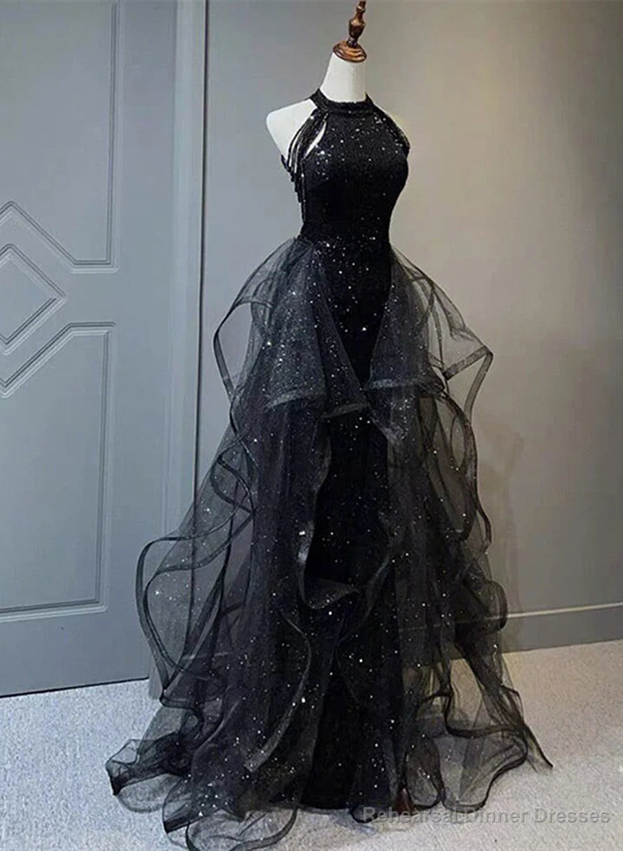High Neckline Black Halter Shiny Tulle And Sequins Party Dress Black Tulle Prom Dress prom dresses shops Main image