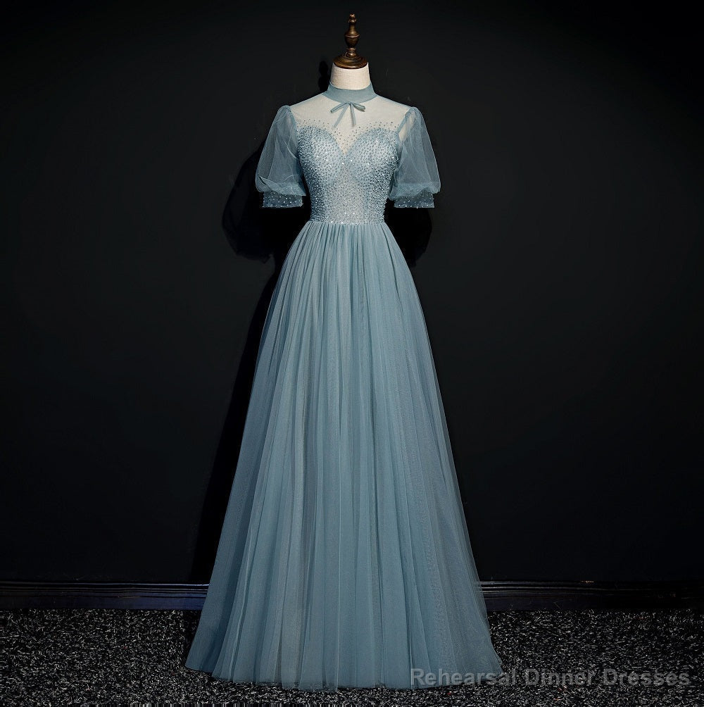 High Quality Beaded Short Sleeves Formal Dress, Tulle A-line Party Dress Prom Dress Main image