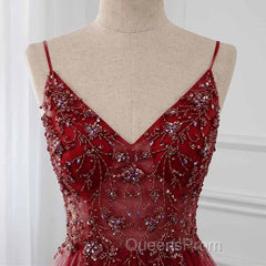 High Quality Burgundy Straps Beaded Long Party Dress, Long Junior Evening Prom Dress
