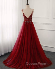 High Quality Burgundy Straps Beaded Long Party Dress, Long Junior Evening Prom Dress