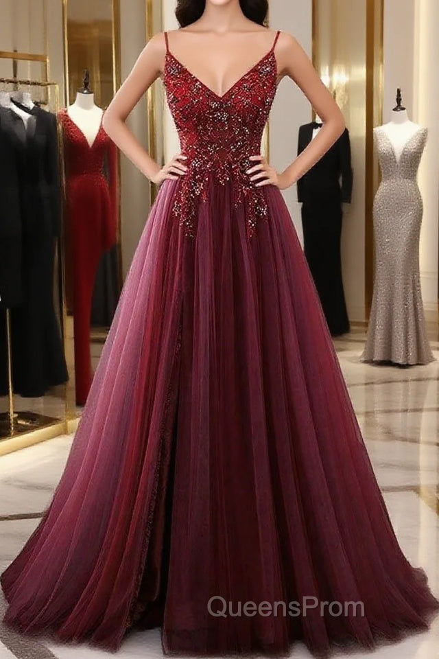 High Quality Burgundy Straps Beaded Long Party Dress, Long Junior Evening Prom Dress Main image