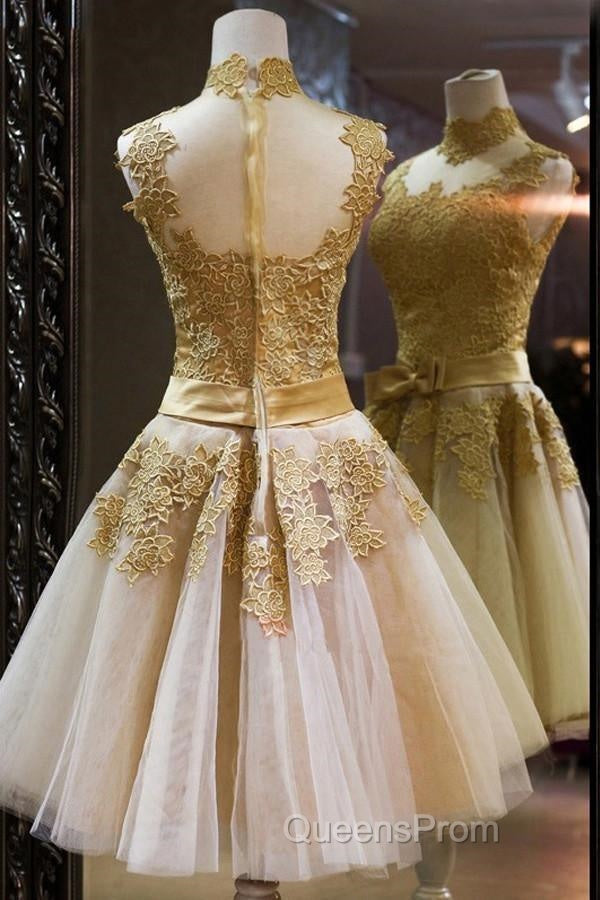 High Quality Vintage High Neck Bowknot Lace Homecoming Dress