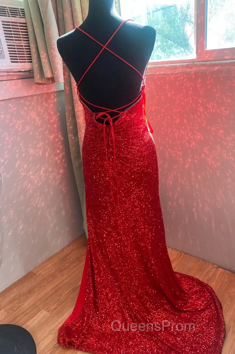 High Slit Blue Sequins Straps Mermaid Evening Gown,Ball Gowns Evening Prom Dress