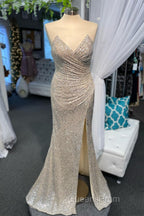 High Slit Blue Sequins Straps Mermaid Evening Gown,Ball Gowns Evening Prom Dress