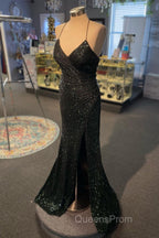 High Slit Blue Sequins Straps Mermaid Evening Gown,Ball Gowns Evening Prom Dress