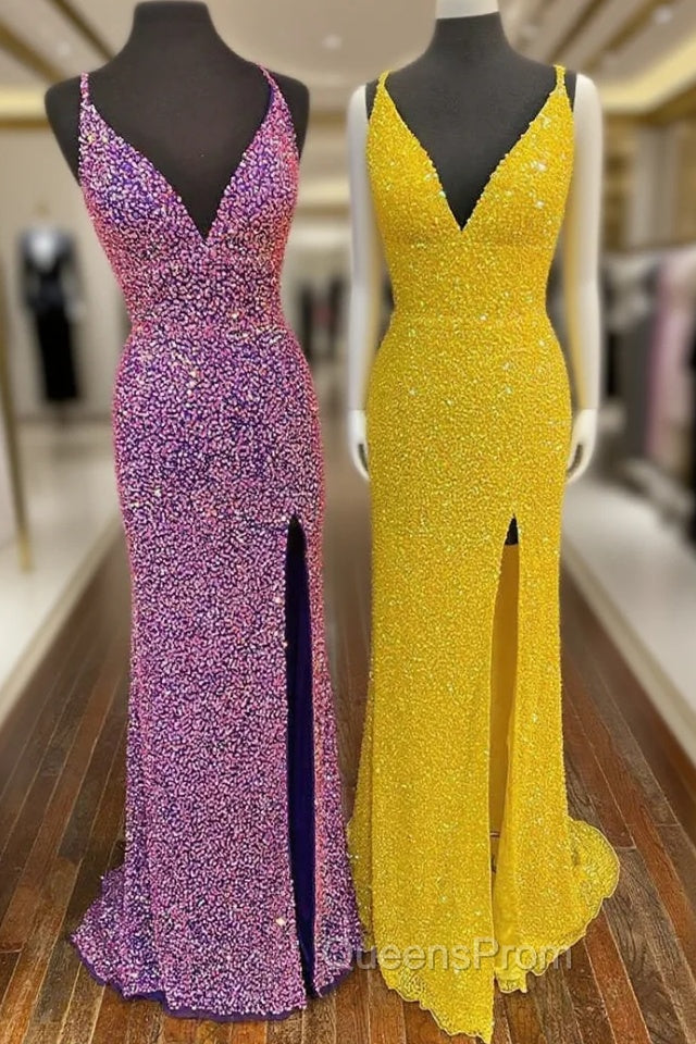 Hight Slit Yellow Sequins Halter Evening Prom Dress Main image