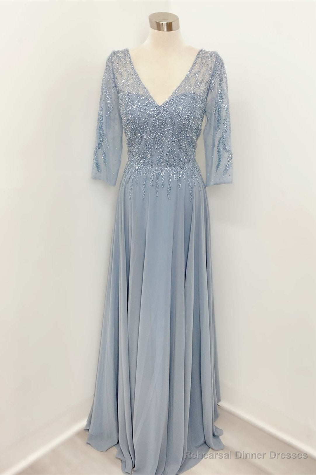 Mist Deep V Illusion Sleeves Beaded Long Mother of Bride Dress Main image
