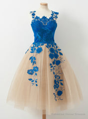 Homecoming dress Elegant V-neck A-line Blue Appliques Tulle Knee length Homecoming Dresses