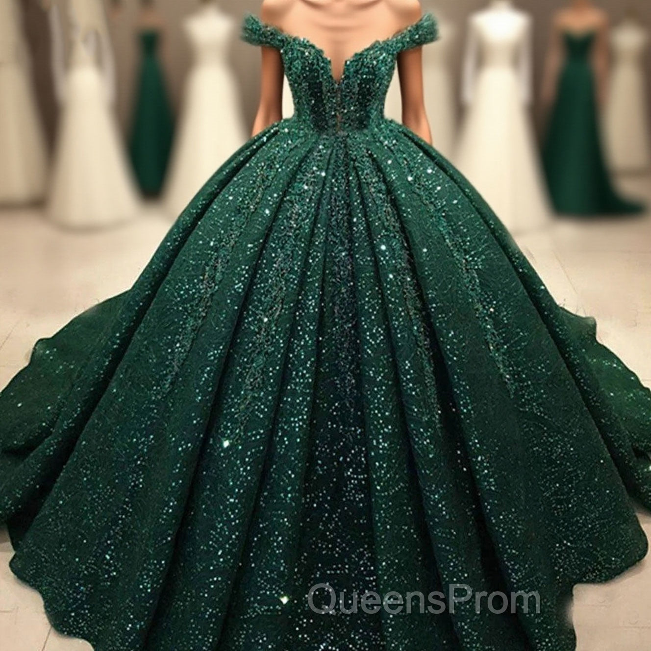 Hot Appliques Ball Gown Dark Green Wedding Dress Sequin Quinceanera Dress Main image