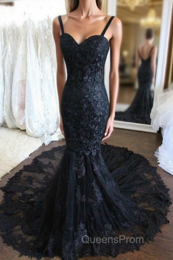 Hot Black Lace Evening Dress Uk Straps Mermaid Simple Wedding Dress Main image