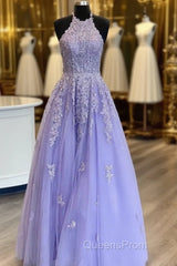 Hot Halter Purple Evening Prom Dress Lace Long Graduation Evening Dress