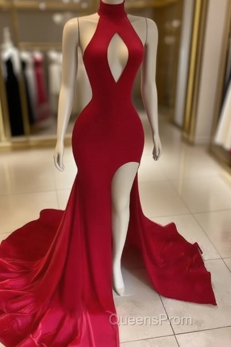 Hot Long Red Evening Prom Dress High Neck Satin Mermaid Evening Dress Uk Split Main image