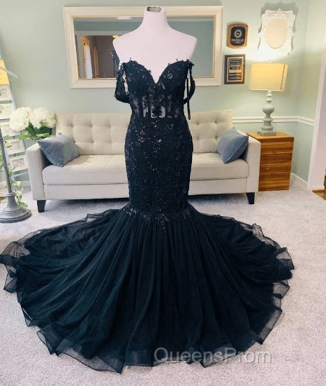 Hot Mermaid Lace Gothic Wedding Dress Black Applique Off Shoulder