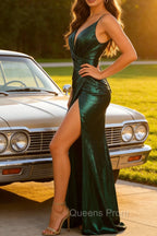 Hot Mermaid Spaghetti Straps Dark Green Long Prom Dress with Open Back