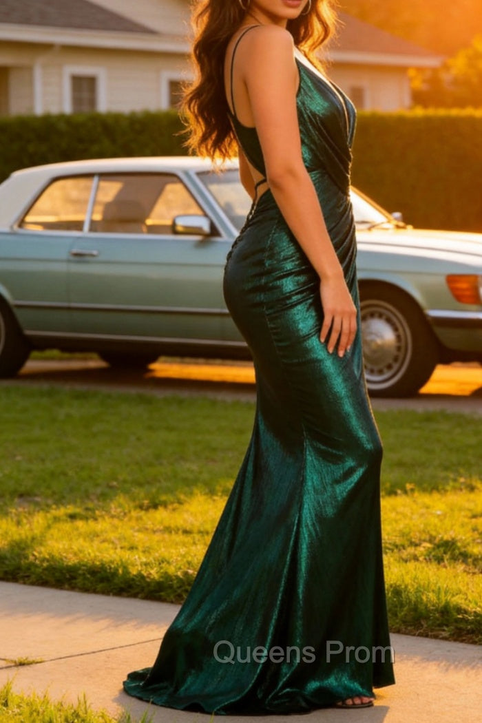 Hot Mermaid Spaghetti Straps Dark Green Long Prom Dress with Open Back