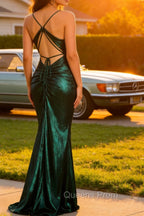 Hot Mermaid Spaghetti Straps Dark Green Long Prom Dress with Open Back