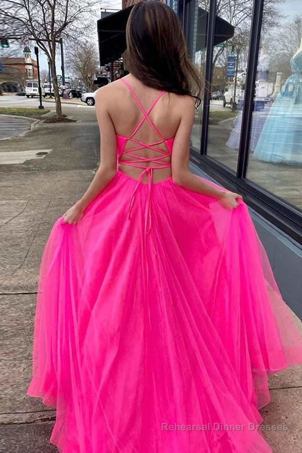 Hot Pink A-Line Tulle Long Prom Dress with Pockets Secondary image