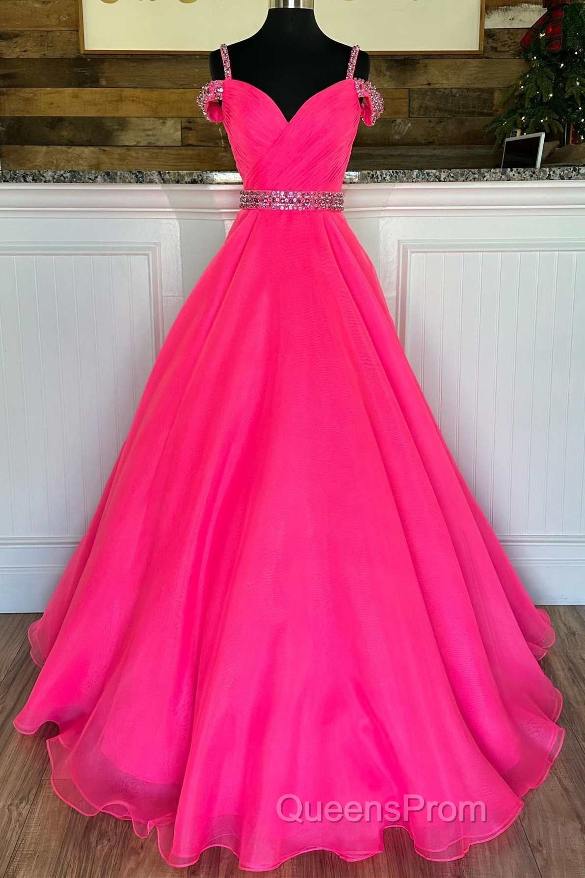 Hot Pink Beaded Cold-Shoulder A-Line Evening Prom Dress Secondary image