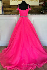 Hot Pink Beaded Cold-Shoulder A-Line Evening Prom Dress