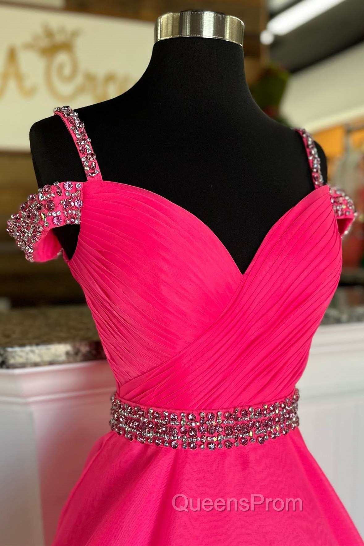 Hot Pink Beaded Cold-Shoulder A-Line Evening Prom Dress