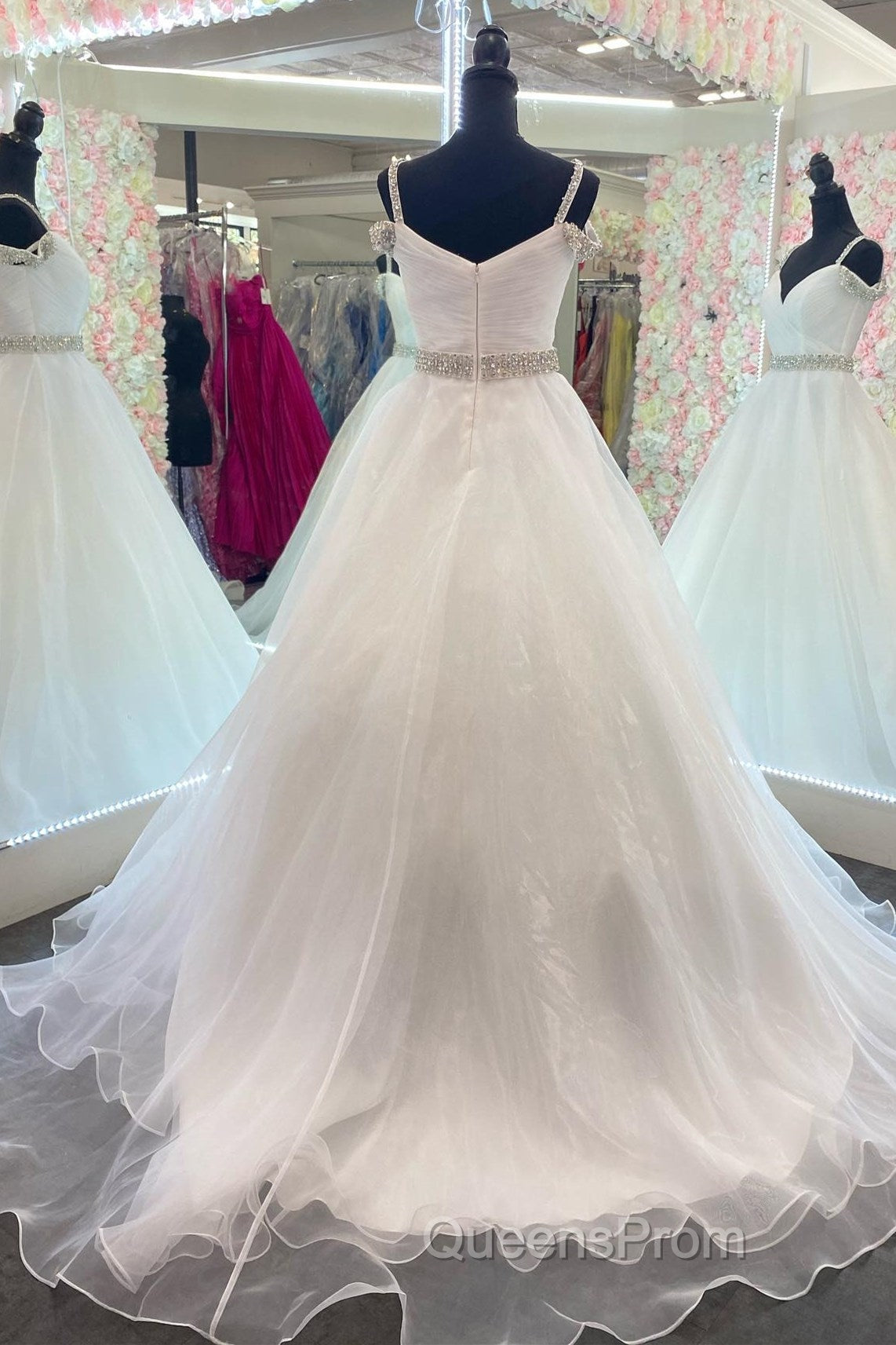 Hot Pink Beaded Cold-Shoulder A-Line Evening Prom Dress