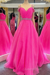 Hot Pink Beaded Cold-Shoulder A-Line Evening Prom Dress
