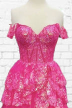 Hot Pink Lace Off Shoulder Tiered Evening Prom Dress With Slit