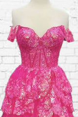 Hot Pink Lace Off Shoulder Tiered Evening Prom Dress With Slit