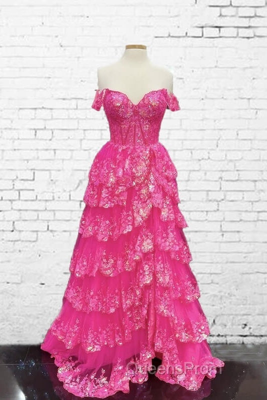 Hot Pink Lace Off Shoulder Tiered Evening Prom Dress With Slit