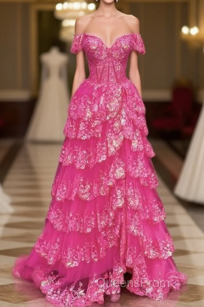 Hot Pink Lace Off Shoulder Tiered Evening Prom Dress With Slit