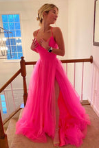 Hot Pink V-Neck Lace-Up Back Pleated A-Line Tulle Empire-Waist Long Classy Prom Dress