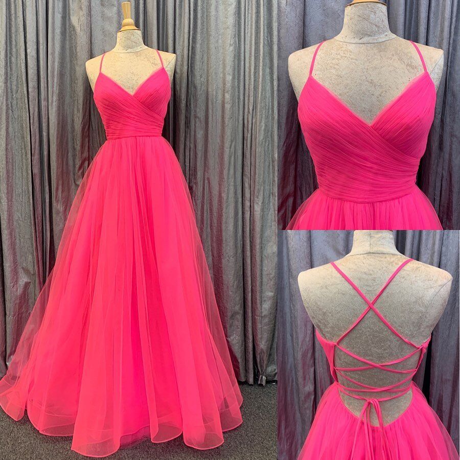 Hot Pink V-Neck Lace-Up Back Pleated A-Line Tulle Empire-Waist Long Classy Prom Dress