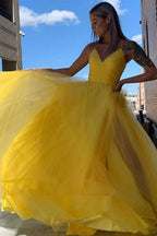 Hot Pink V-Neck Lace-Up Back Pleated A-Line Tulle Empire-Waist Long Classy Prom Dress