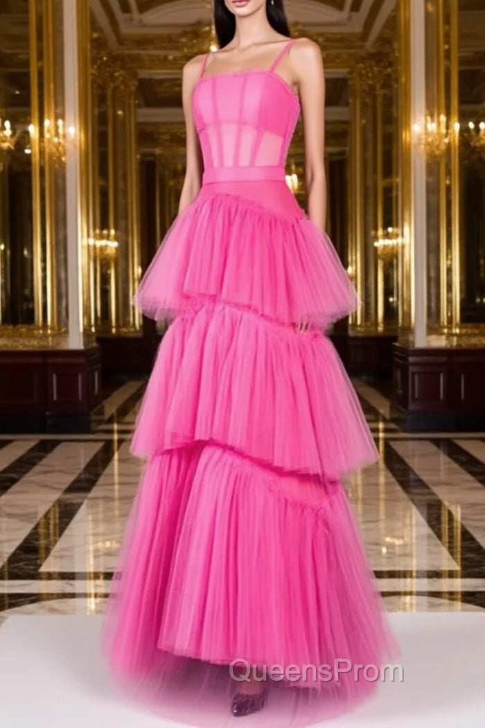 Hot Pink Long Tulle Evening Prom Dress, Hot Pink Long Tulle Formal Evening Dress Main image