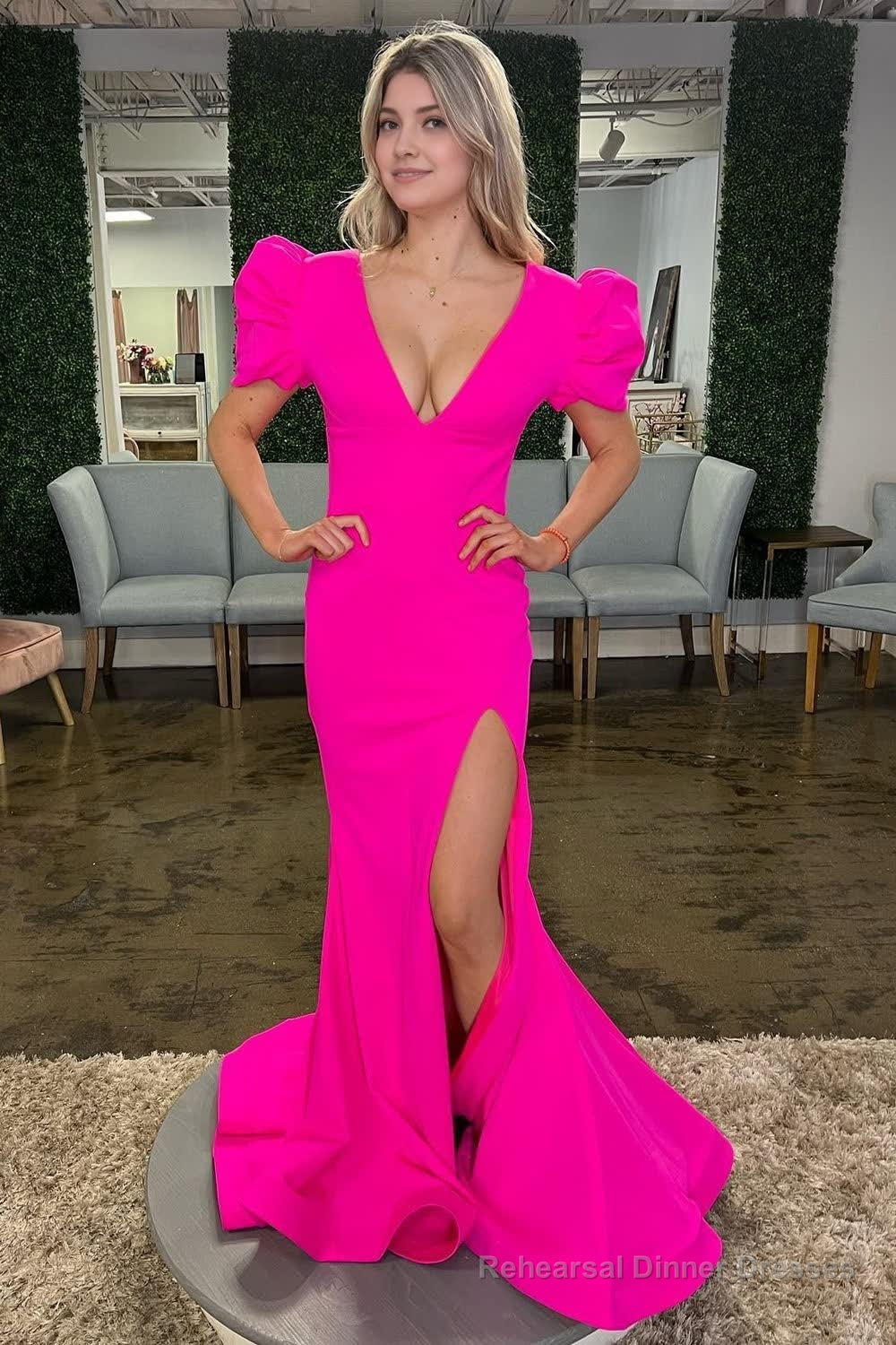 Hot Pink Mermaid Deep V Neck Long Prom Dress with Slit Main image