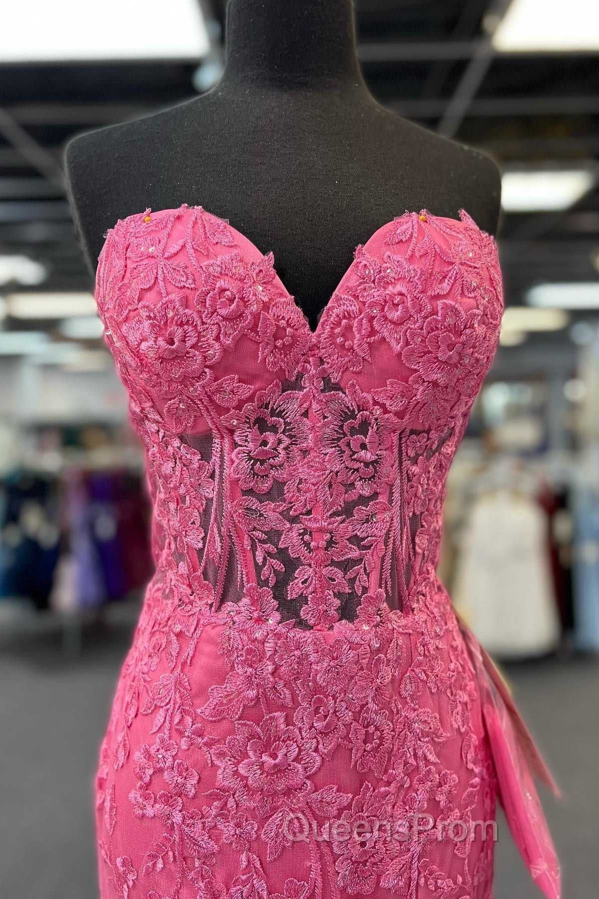 Hot Pink Mermaid Lace Evening Prom Dress, Hot Pink Mermaid Lace Formal Evening Dress