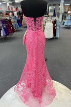 Hot Pink Mermaid Lace Evening Prom Dress, Hot Pink Mermaid Lace Formal Evening Dress