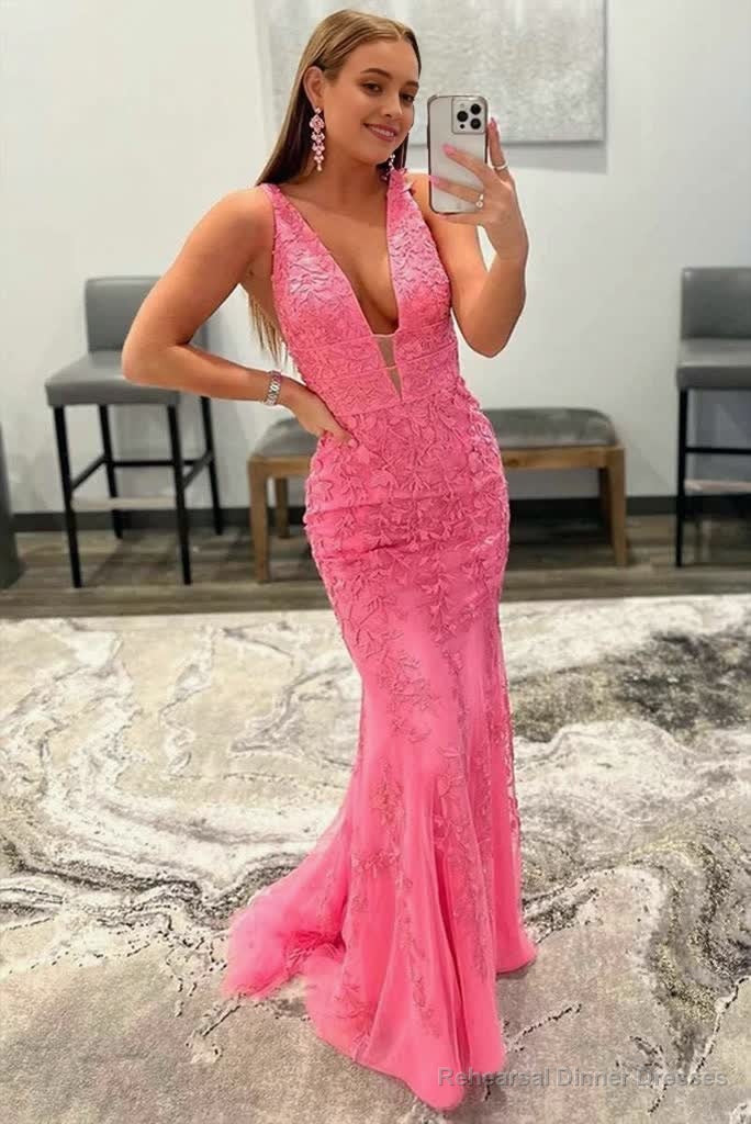 Hot Pink Mermaid Plunge V Neck Lace Prom Dress Main image