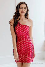 Hot Pink One Shoulder Sequins Tight Short Homecoming Dress